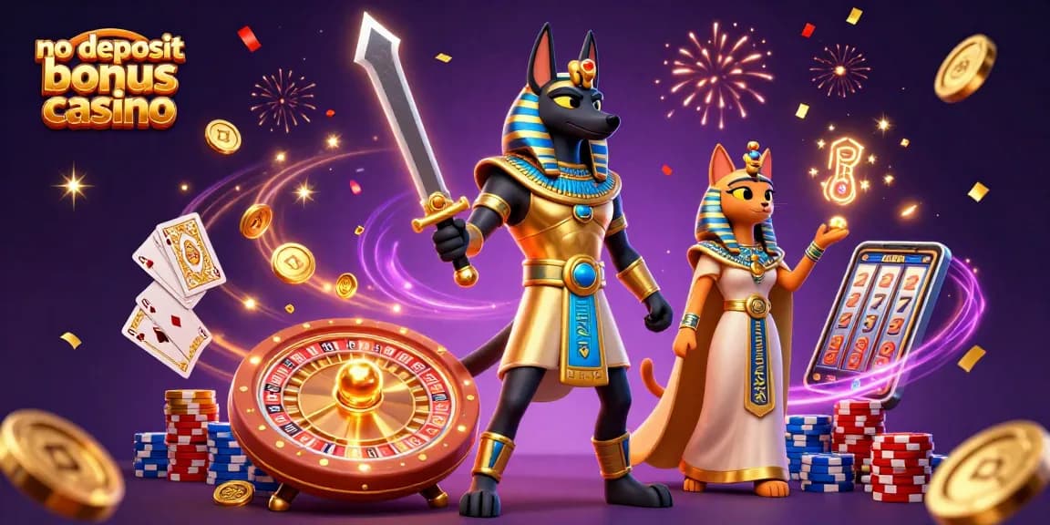No deposit bonus casino illustration featuring a golden Anubis and Bastet amid casino elements.