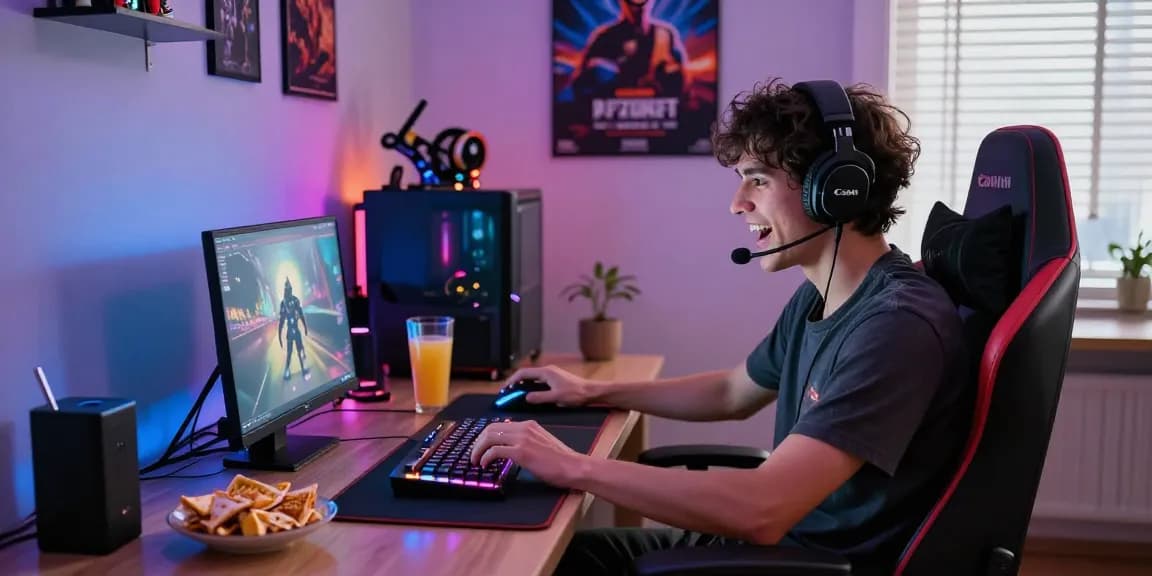 Gila 138 saat bermain game dengan peralatan gaming modern dan suasana menyenangkan.