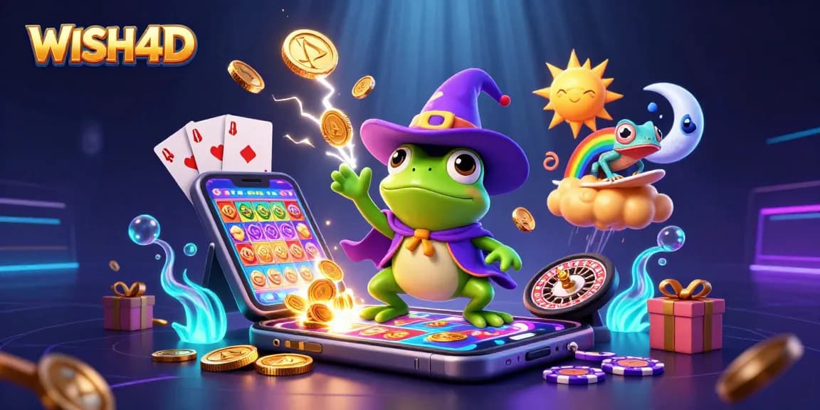 Menangkan koin emas bersamaan dengan WISH4D dalam ilustrasi kasino 3D yang penuh aksi.