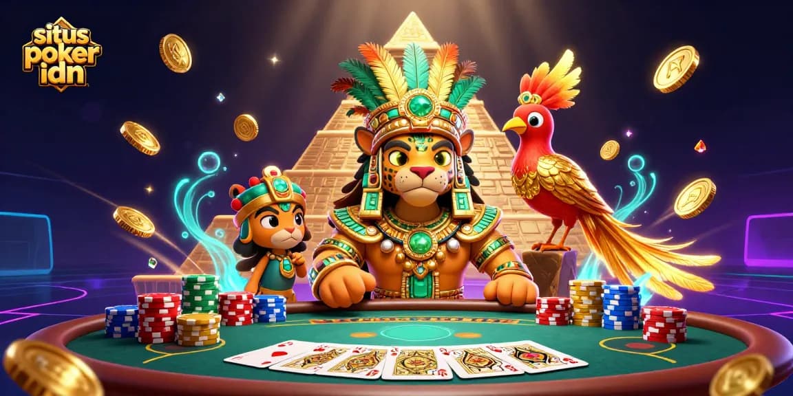 Experience excitement at situs poker idn with vibrant scenes of dynamic poker action and glowing treasures.