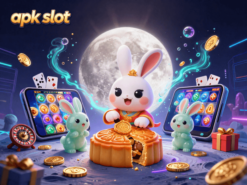 Permainan apk slot yang mengasyikkan dengan karakter kelinci bulan dan elemen kasino lainnya.