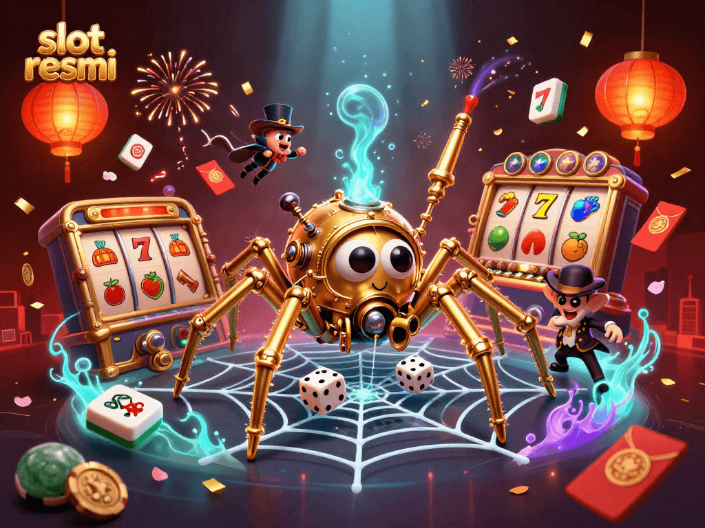 Menang di slot resmi dengan ilustrasi 3D menarik yang menggambarkan arachnida bertema kasino.