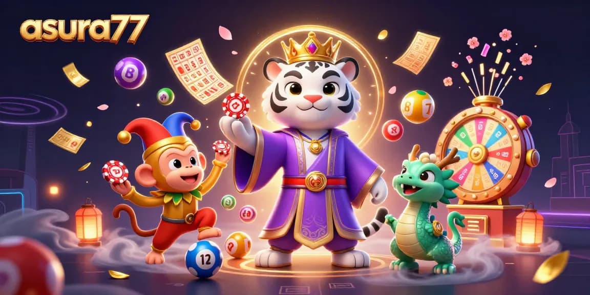 Experience thrill at asura77 as the white tiger and playful monkey celebrate gaming with vibrant lottery theme elements.