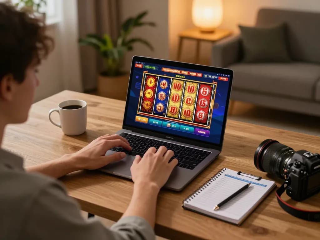 SIS4D player engaging in online slot games at home, showcasing vibrant gaming interface and cozy atmosphere