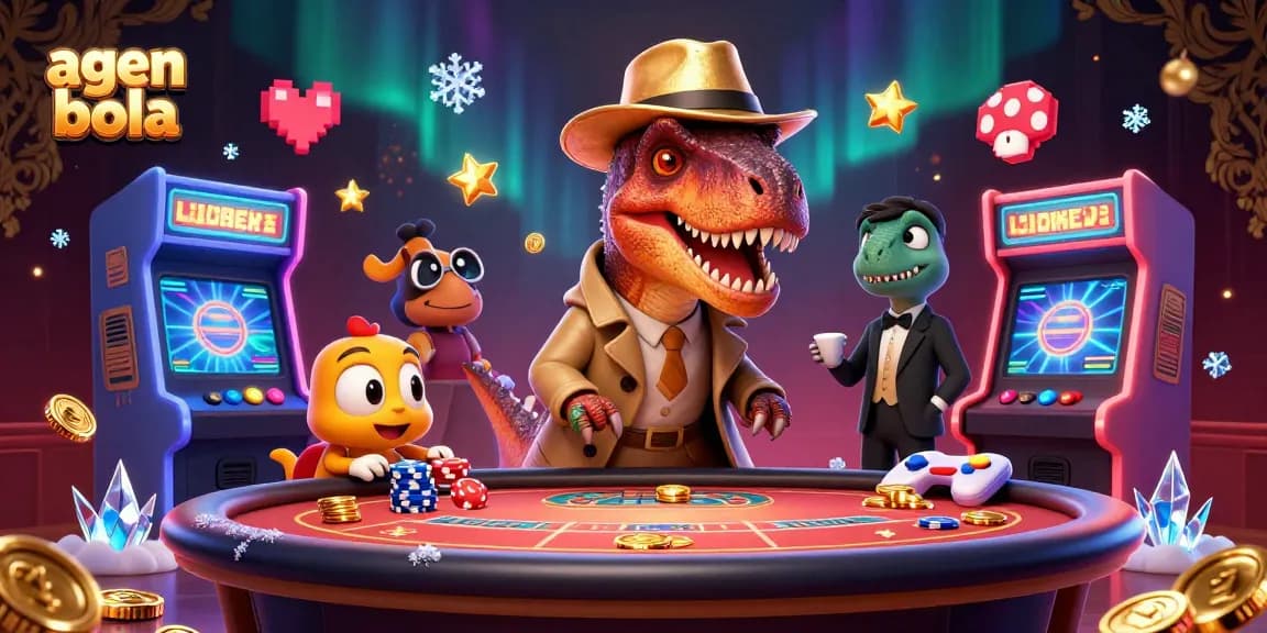Vibrasi taruhan dengan agen bola di kasino virtual yang menampilkan karakter kartun 3D dan mesin permainan interaktif.
