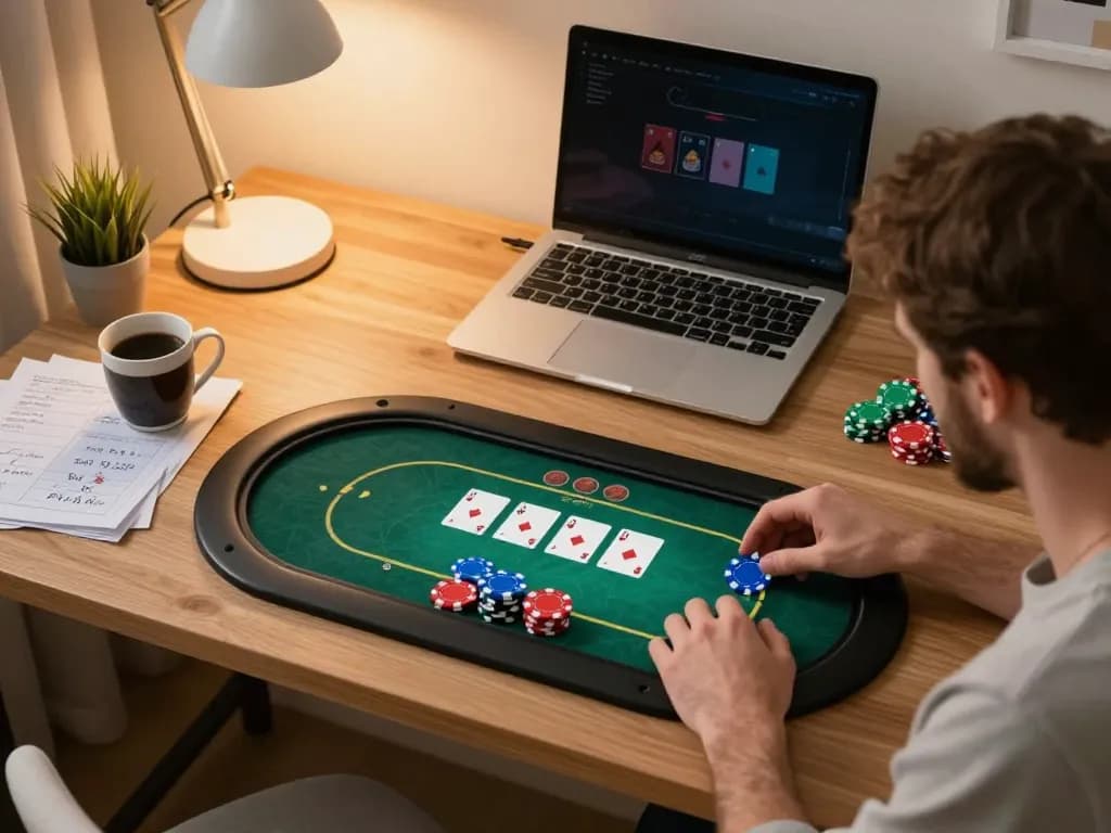 Terlibat dalam strategi permainan poker online hwg500 di rumah, menampilkan pengaturan nyaman dengan tablet dan catatan