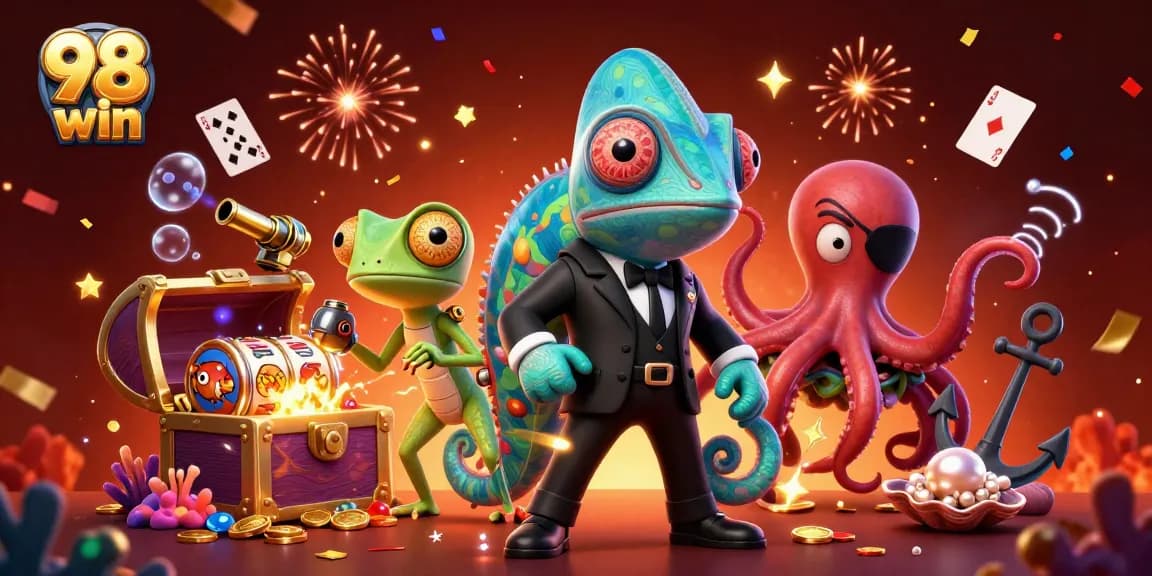 Experience thrilling action with 98 win as secret characters uncover casino treasures surrounded by dynamic gaming elements.
