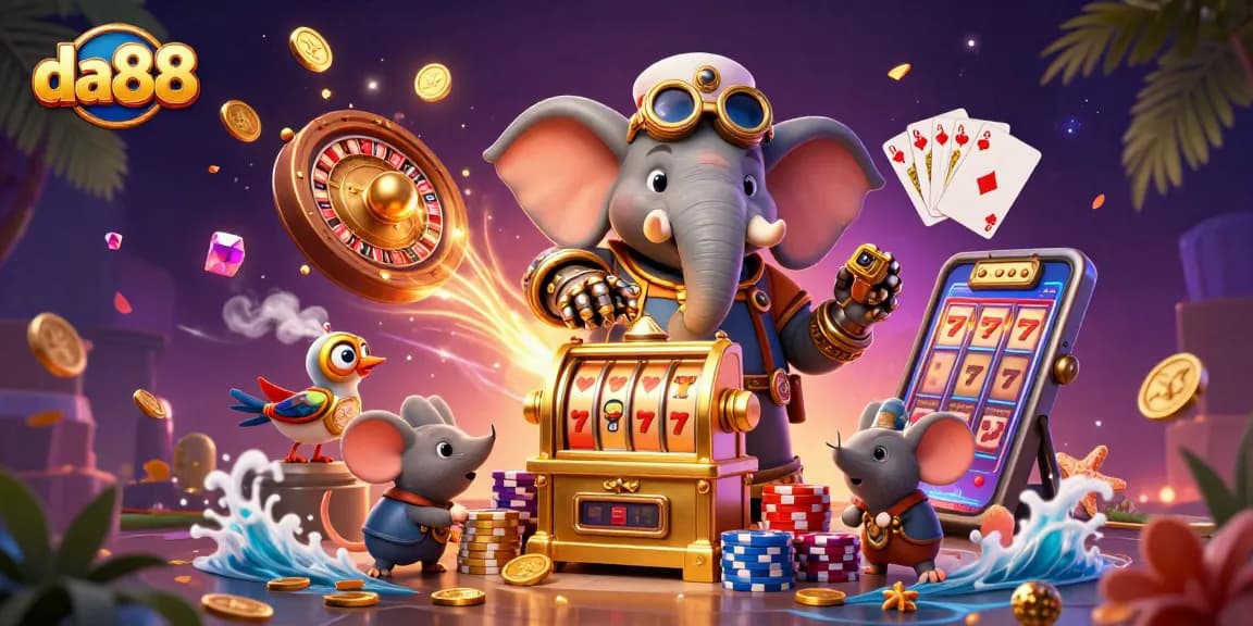 Experience the excitement of da88 with a steampunk elephant at a golden slot machine.