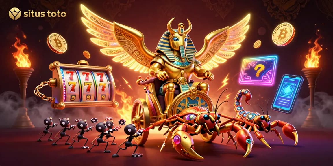 Engage with situs toto in this vibrant illustration featuring a golden scarab beetle, scorpions, and neon slot reels.