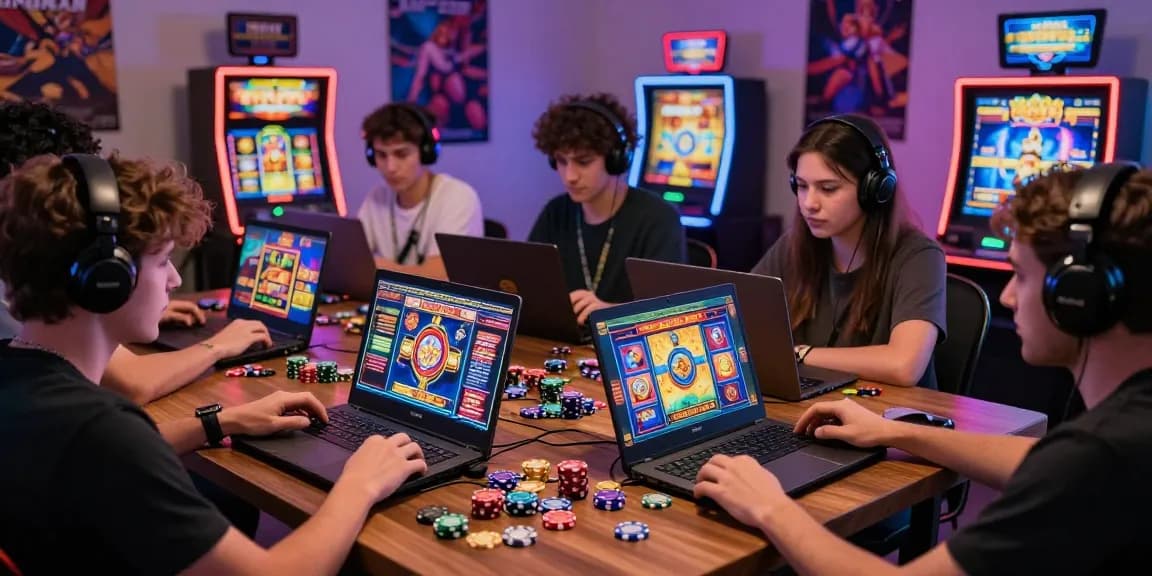 Permainan slot online dengan pemain bersemangat dan grafik mesin slot yang berwarna-warni.