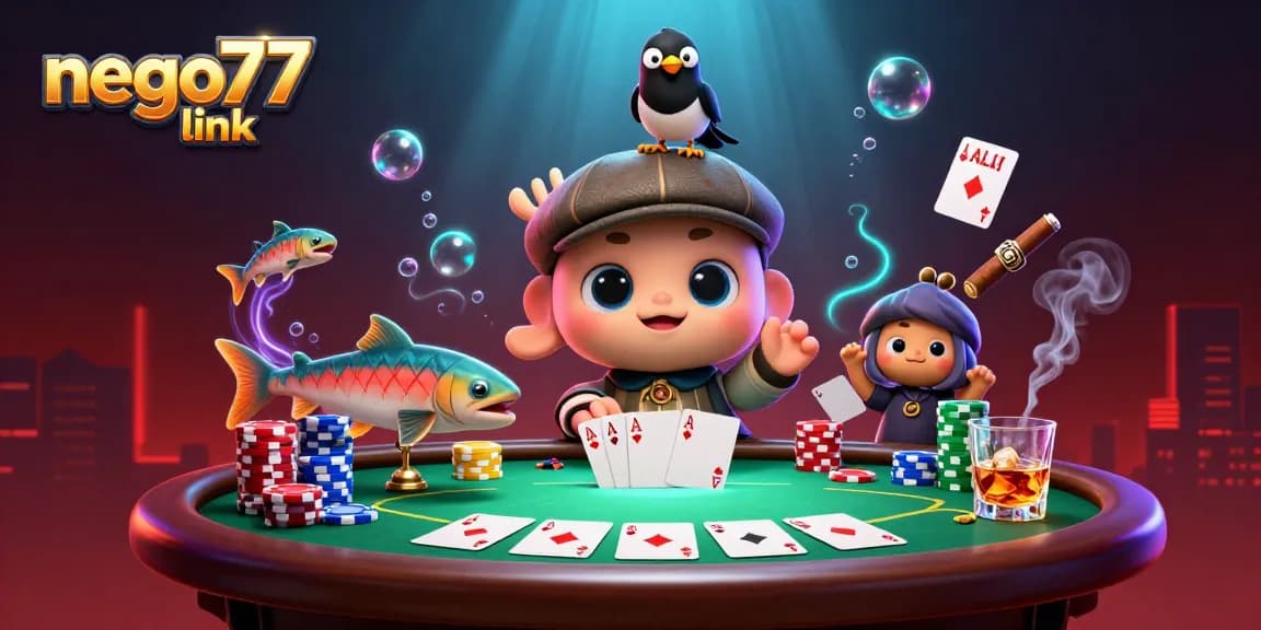 Play with nego77 link as cartoon Nessie and friends surround colorful poker elements.