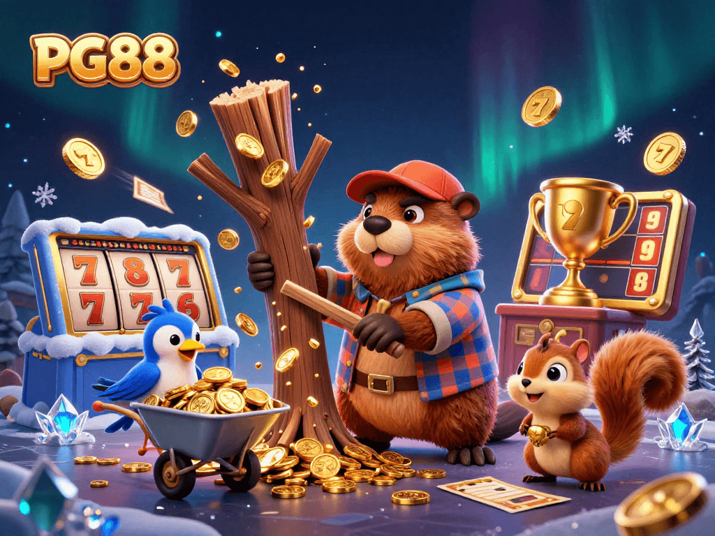 Play slot games at PG88 while a beaver collects golden coins in a vibrant casino scene.