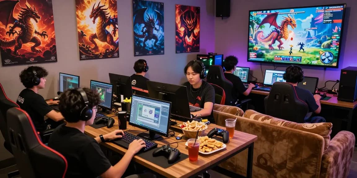 Gamers engaging on Nagahitam303 in a vibrant digital lounge.