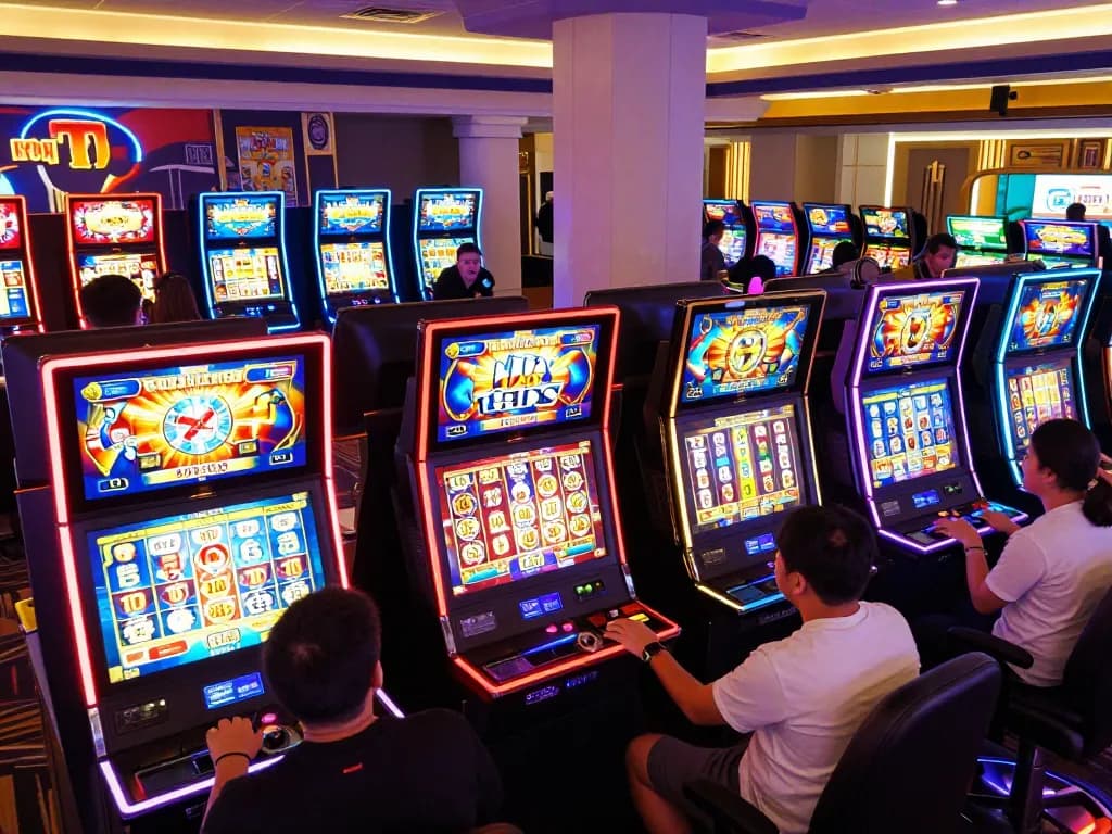 Players engaging with colorful slot gacor machines in an online casino, illuminated vibrant displays