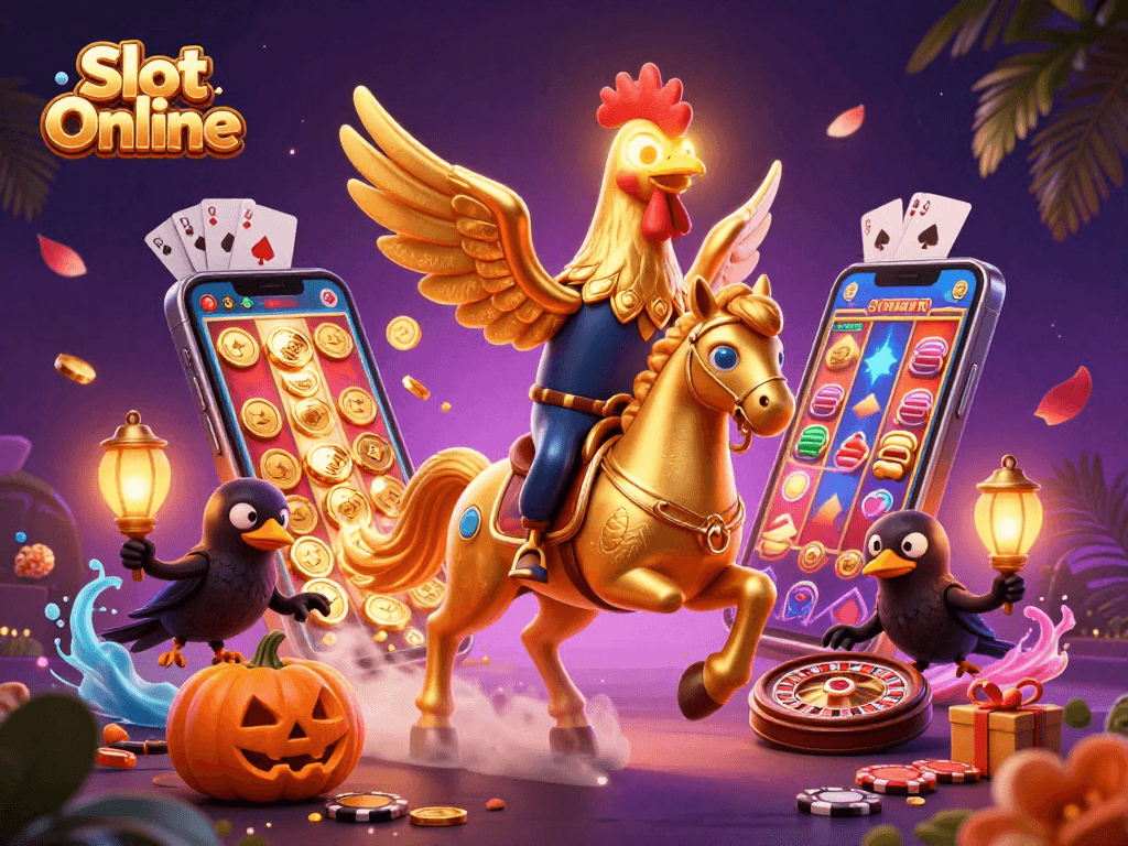 Experience the thrill of Slot Online with this dynamic golden rooster in a casino scene.