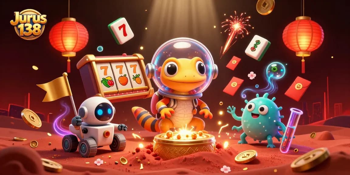 Experience the thrill of Jurus 138 with dynamic slots and vibrant casino elements in a cosmic setting.