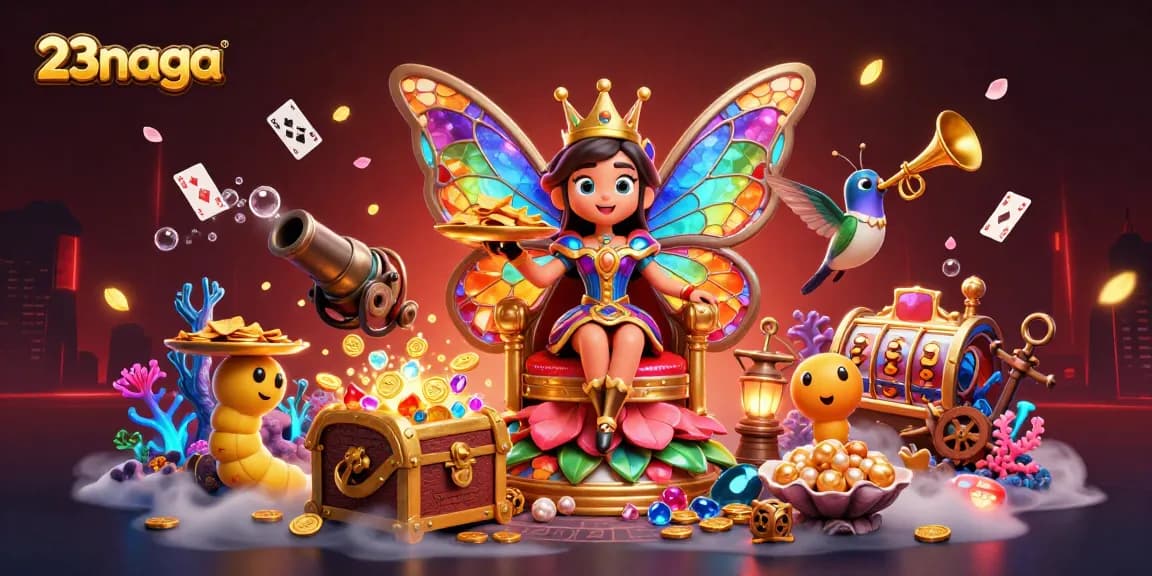 Menggali kasino 23naga dengan ilustrasi ratu kupu-kupu 3D dan elemen permainan menarik.