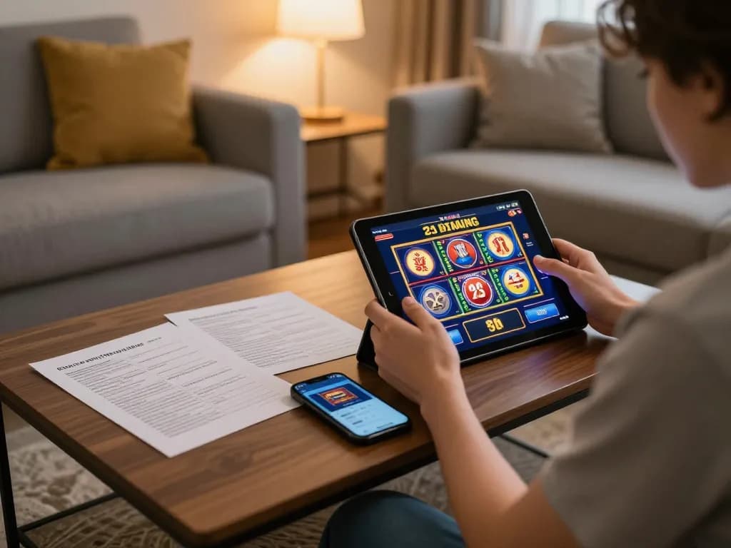Engaged player at 23WIN using a tablet for online slots in a cozy living room
