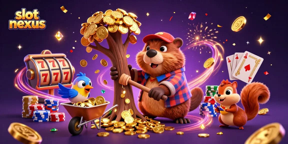 Win treasures with slot nexus in this dynamic 3D casino illustration featuring fun characters.