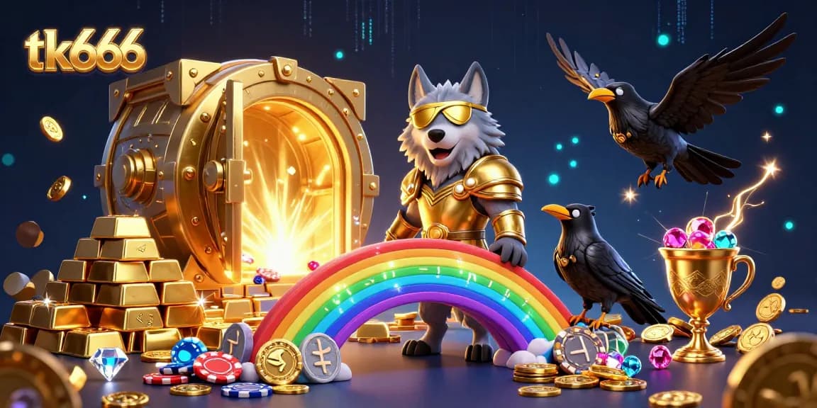tk666 betting wolf with golden treasures in a vibrant casino scene complete with dazzling gems.