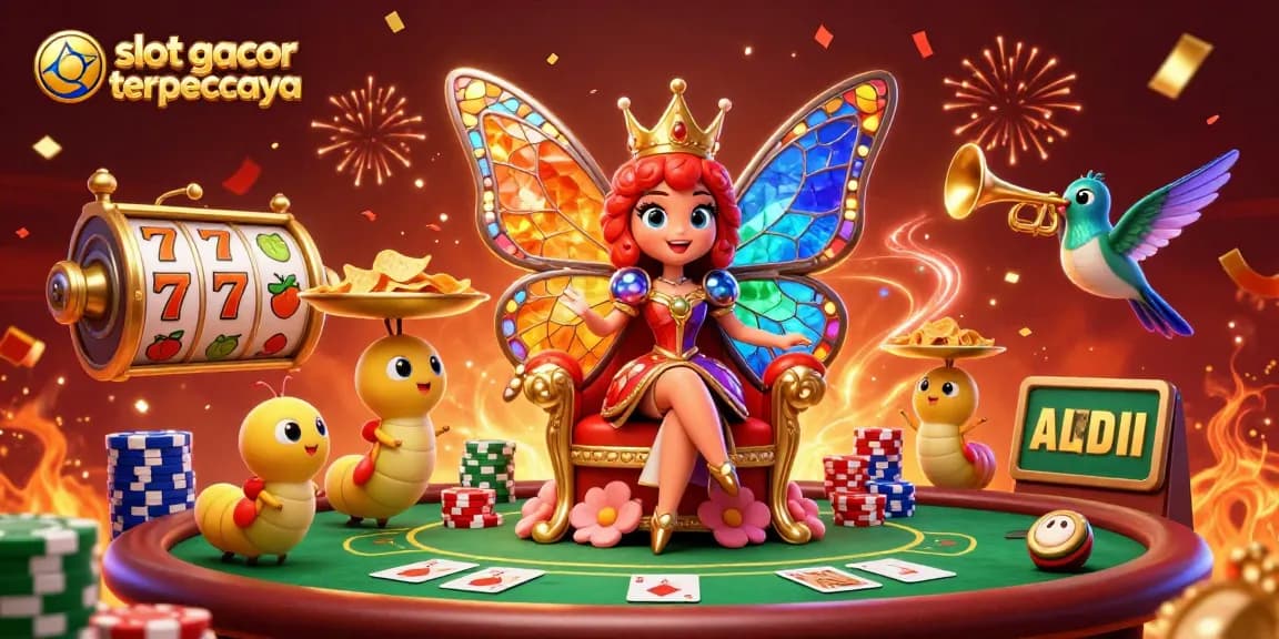 Experience the allure of slot gacor terpercaya in this vibrant casino scene with a butterfly queen and poker elements.