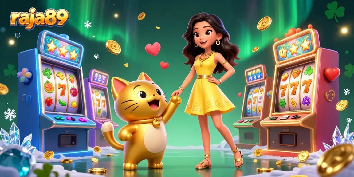 Play slots and win with raja89 in a vibrant casino scene featuring luck and joy.