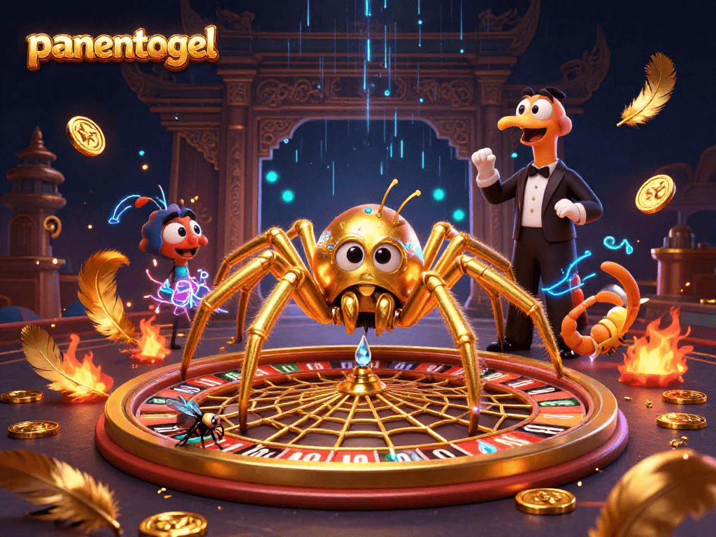 panentogel showcases a thrilling betting scene with a golden spider and centipede croupier, accentuating the excitement in online lottery gaming.