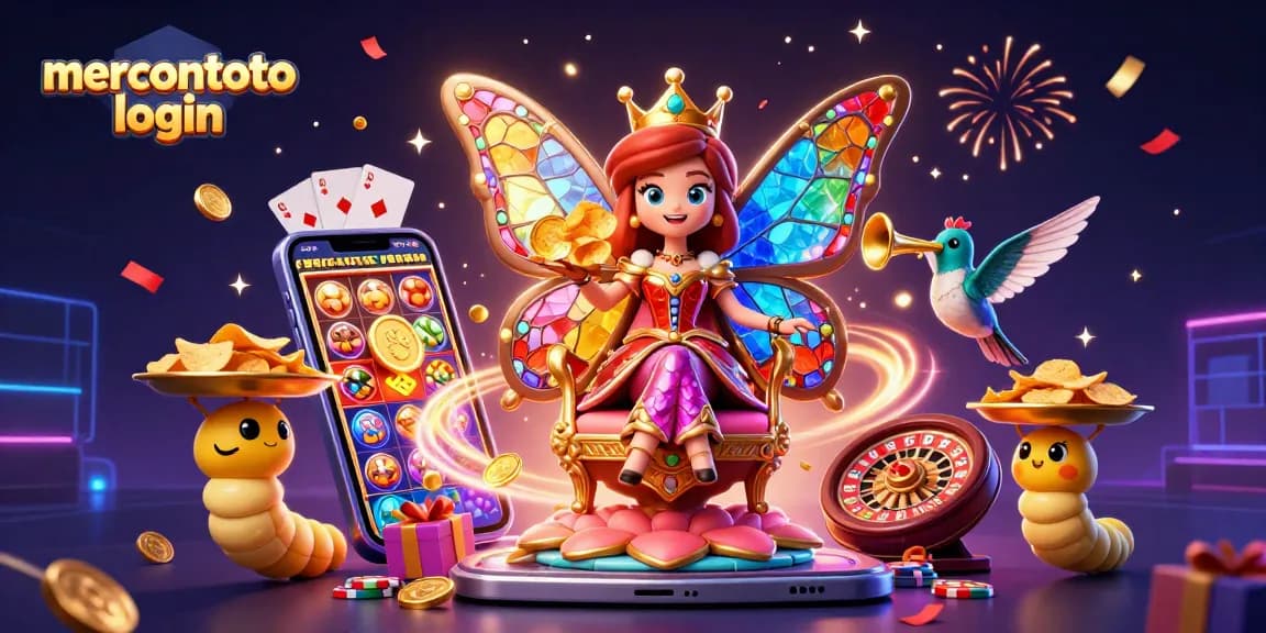 Visualisasi mercontoto login dengan ilustrasi ratu kupu-kupu dan elemen permainan kasino.