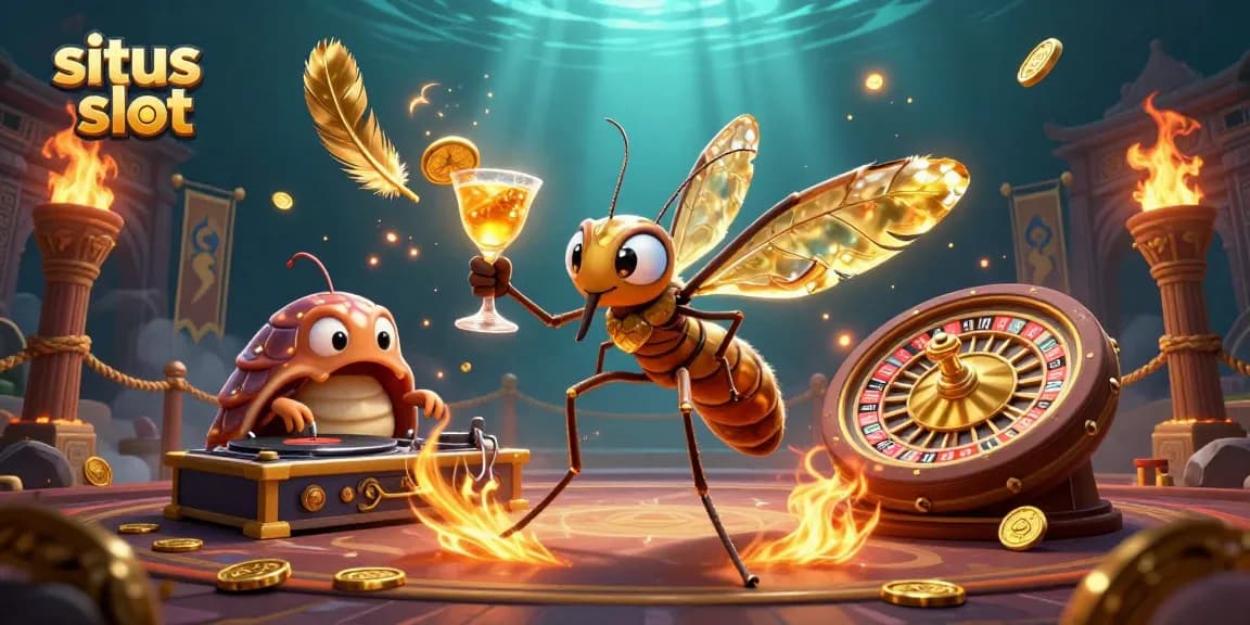 Sparking excitement at situs slot with a cartoon mosquito mascot and fossil DJ in a vibrant casino scene