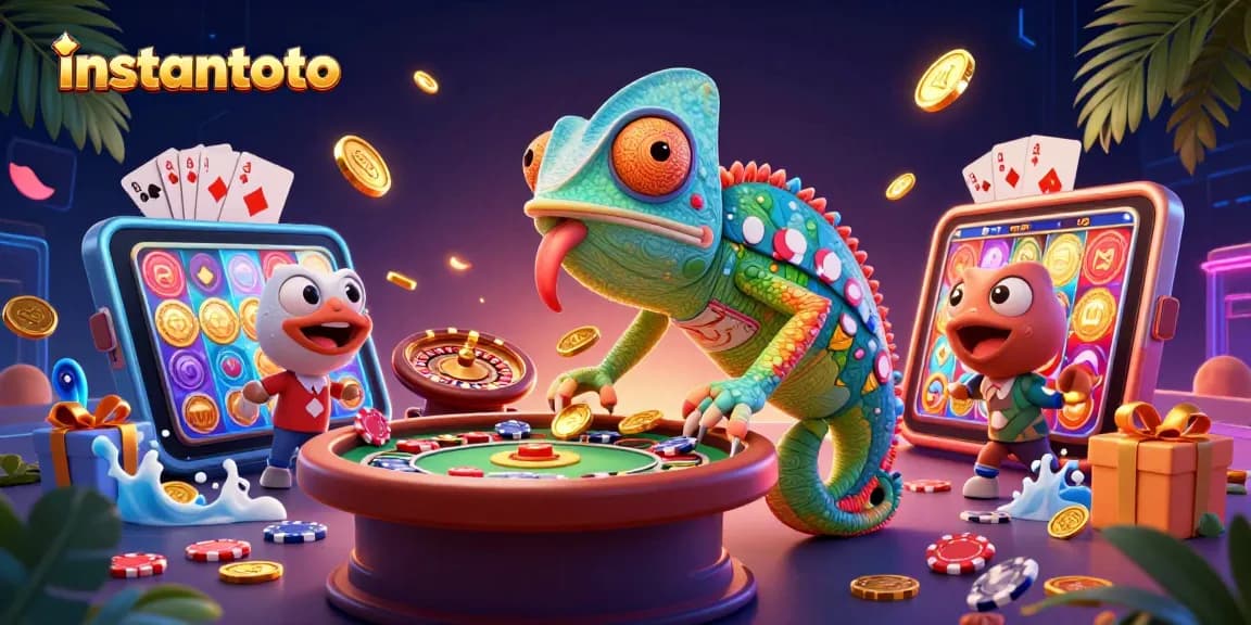 Taruhan akurat di instantoto dengan ilustrasi kasino 3D dan pemilik chameleon yang cerah.