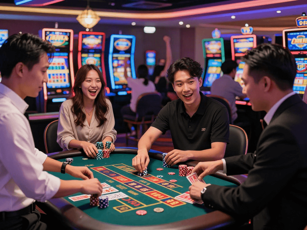 Seru permainan bandar toto togel di kasino dengan pemain dan dealer yang terlibat.
