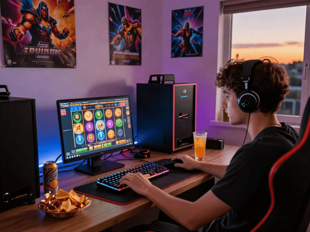 Pengguna situs slot bermain game dengan laptop, dikelilingi oleh peralatan gaming, suasana penuh warna di ruang bermain.