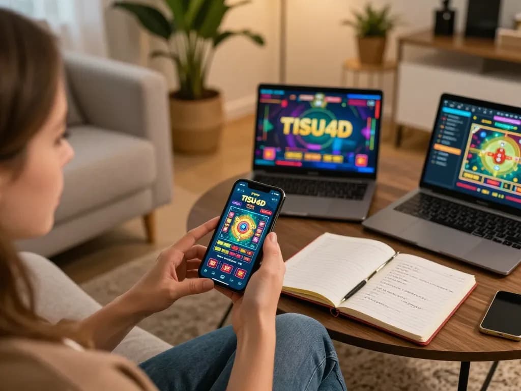 Pemain yang terlibat menggunakan aplikasi TISU4D untuk permainan slot online, menampilkan suasana rumah yang nyaman.