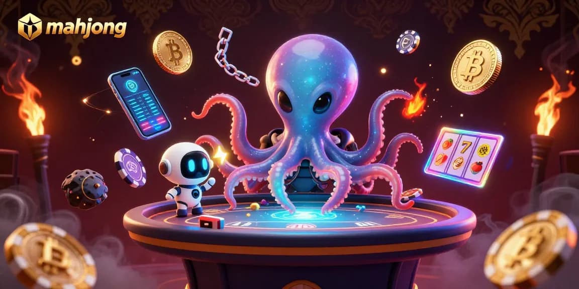 Engage with mahjong gameplay featuring an alien octopus and a tiny robot on a high-tech casino table.
