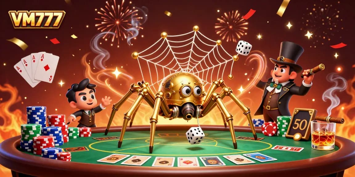 VM777 offers an engaging casino experience featuring a steampunk spider catching dice highlights and colorful poker elements.