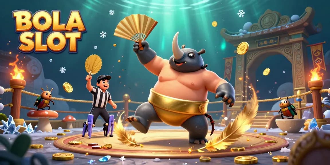 BOLA SLOT showcases a dynamic scene with a rhinoceros beetle champion celebrating a jackpot in a colorful casino setting.