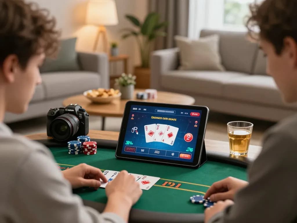 Players enjoying online poker at home with bj88bj on a tablet, cozy atmosphere and strategic gameplay.