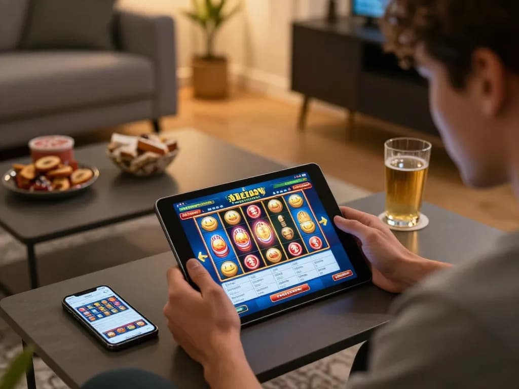 Sesi permainan online yang menarik menampilkan slot bonusnewmember di tablet dengan animasi cerah di ruang tamu yang nyaman.