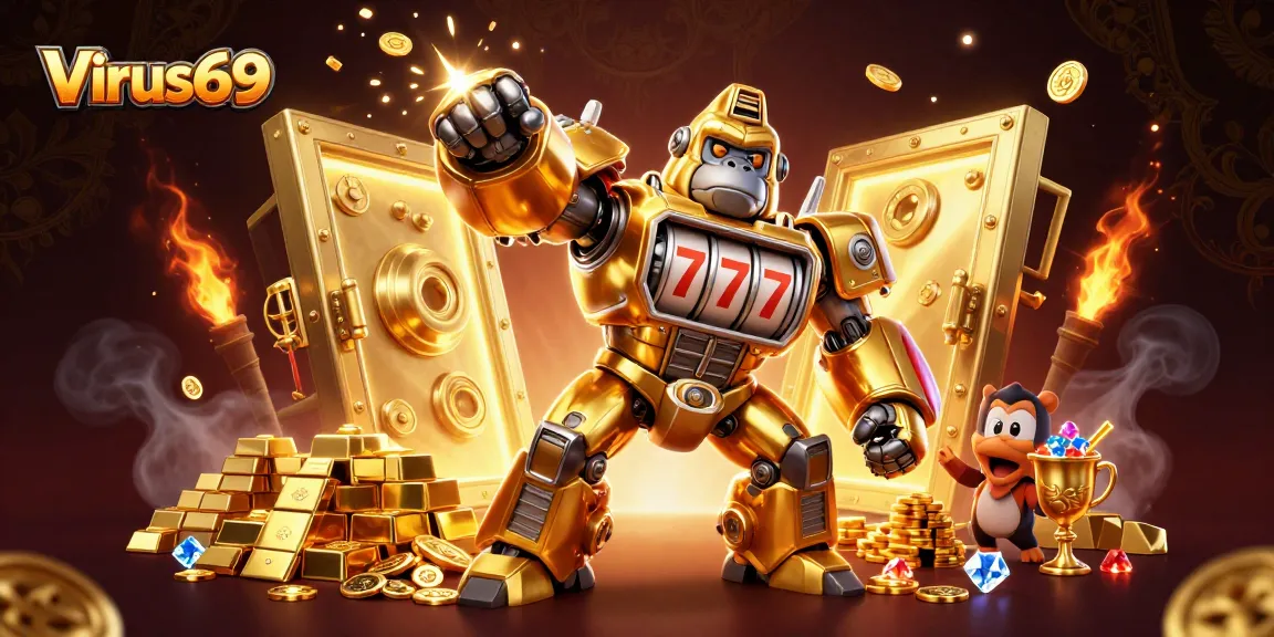 Experience thrilling gameplay at Virus69 with golden gorilla mech amidst treasures.