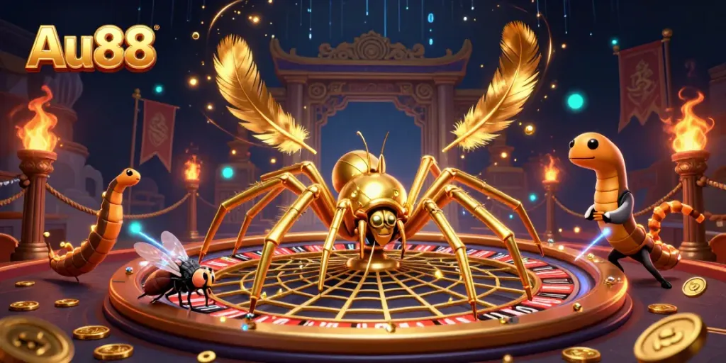 Experience the excitement of Au88 with a golden spider and centipede croupier spinning a roulette web.
