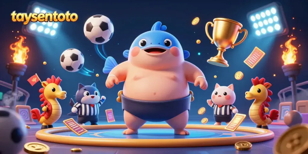 Taysentoto betting scene with a fugu character in a sumo belt and seahorse spectators cheering.