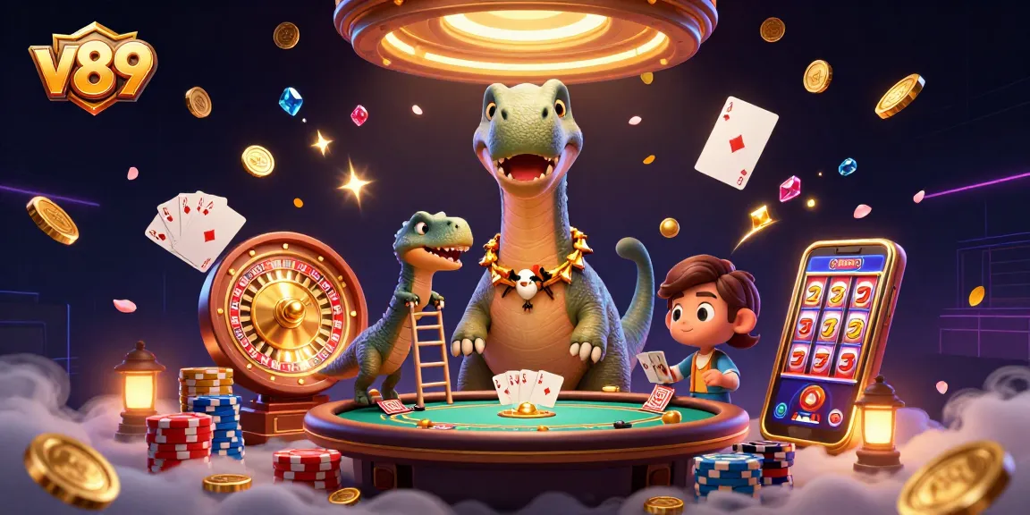 Permainan v89 yang menarik dengan dinosaurus 3D dan kartu poker penuh warna, keseruan kasino terlihat jelas!