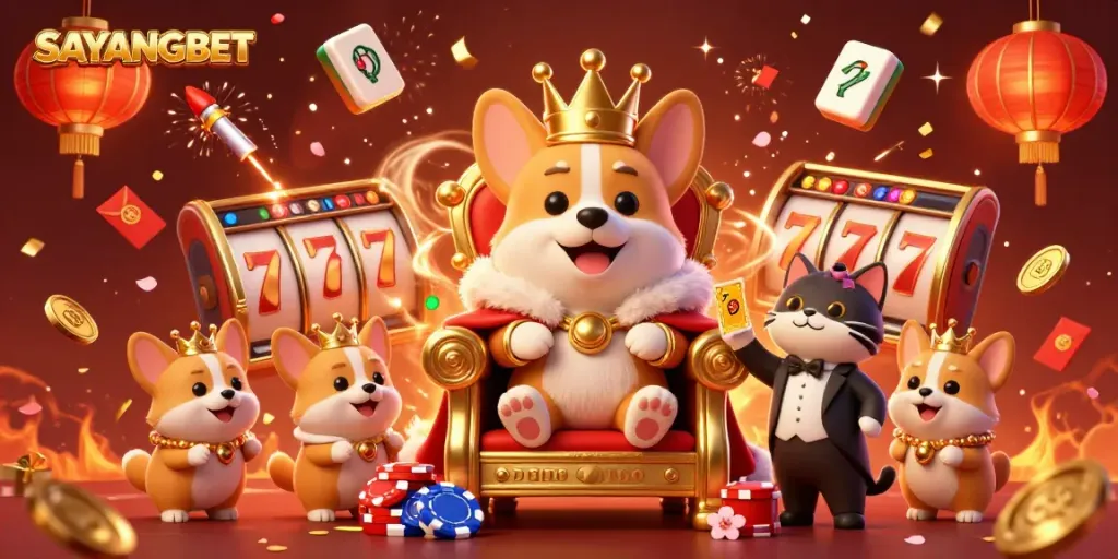 SAYANGBET brings excitement with a royal corgi scene amidst slots and festive celebration.