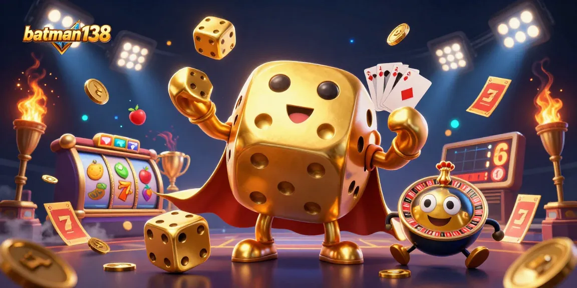 Experience the excitement of batman138 with golden dice, slot reels, and dynamic casino elements.