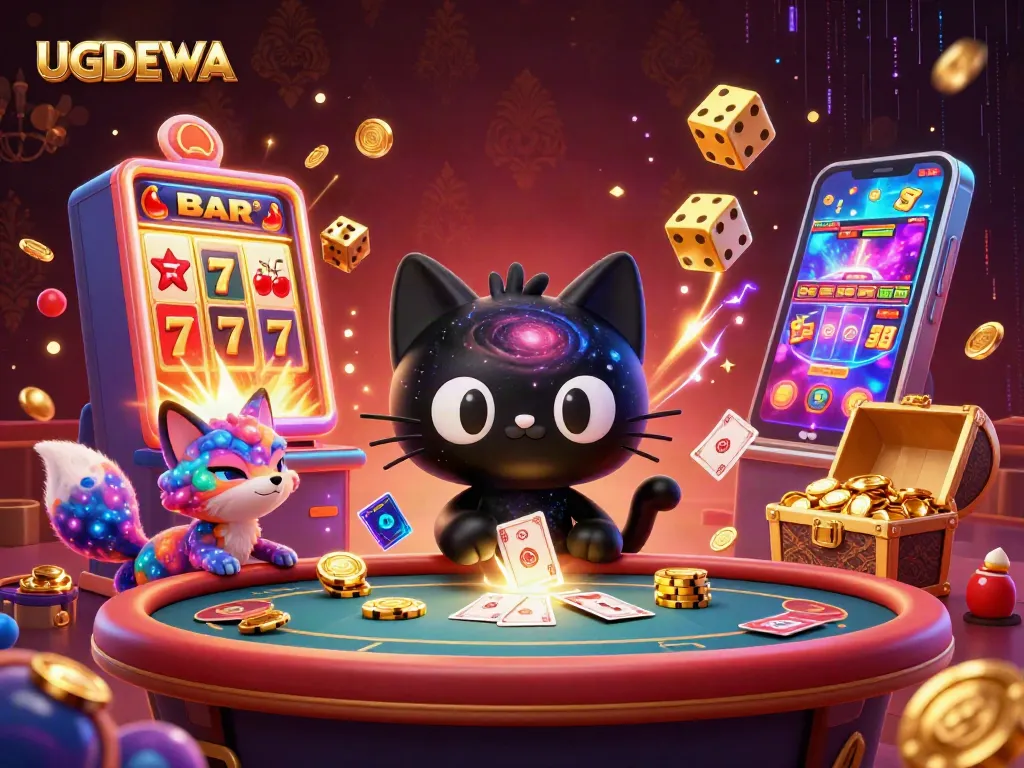 Engage in exciting gaming action with UGDEWA's vibrant casino atmosphere featuring dynamic characters and game elements.
