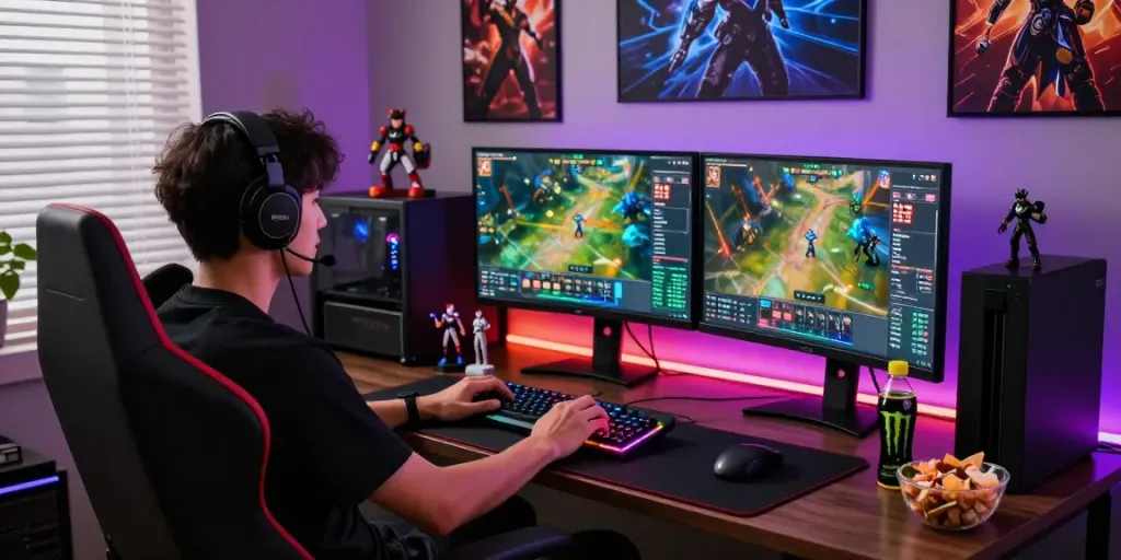 Proses login cirebontoto di ruang permainan modern dengan gamer berfokus pada layar.