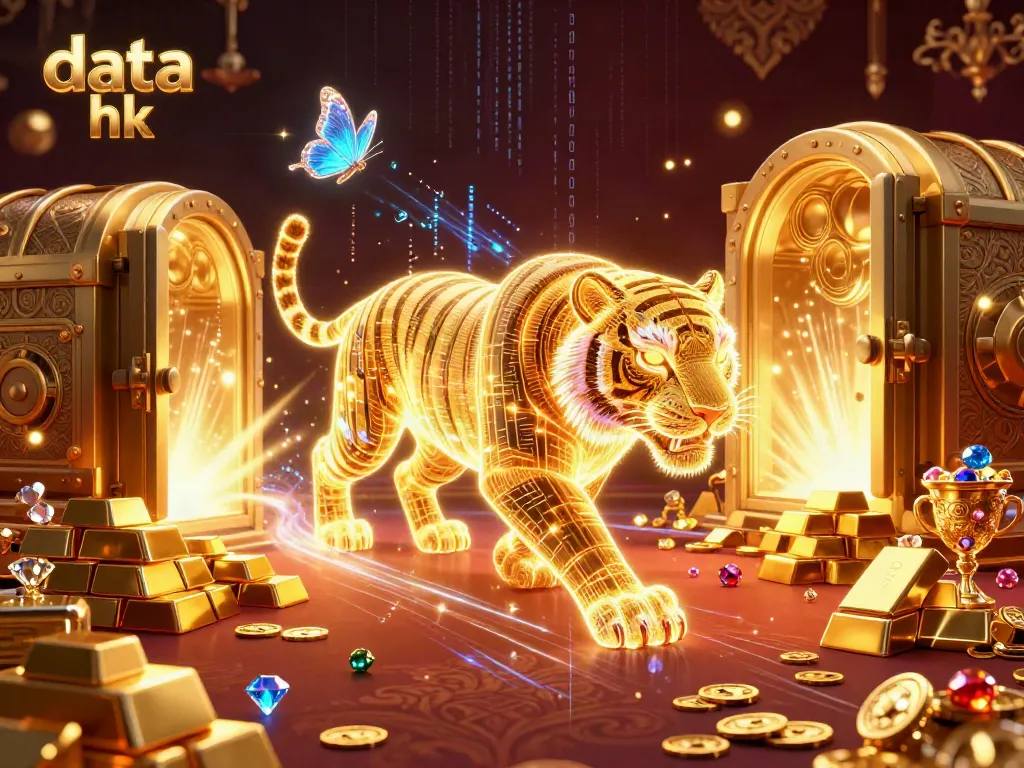 Melihat hasil keluaran data hk terbaru dengan tiger emas neon di latar kasino digital.