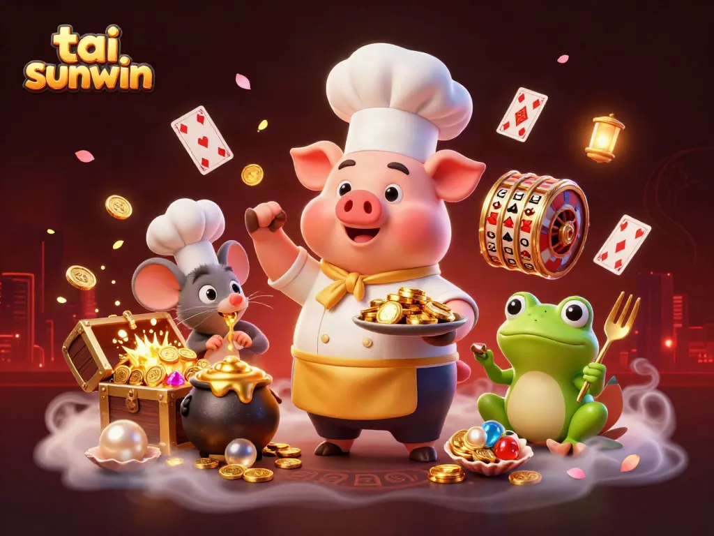 Engage with the exciting world of tai sunwin as a chef pig serves gold coins amidst vibrant casino elements.