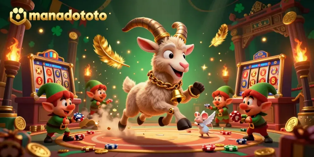 Engage with manadototo's vibrant casino world featuring a festive Krampus goat amid lively gaming activities.
