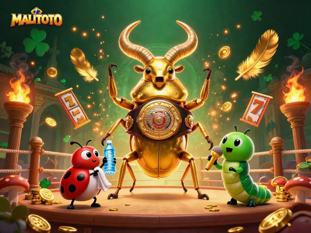 MALITOTO presents an engaging 3D casino illustration showcasing a golden stag beetle champion in a dynamic slot battle arena.